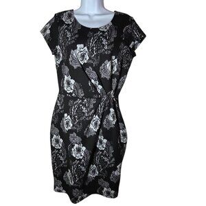 Gilli Black White Floral Knit Short Sleeve Stretch Bodycon/Shift Dress Ruched L